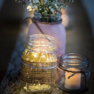 Mason Jar Trio Pink Burlap Lace Wedding Handmade